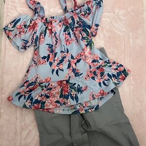 Floral Off-Shoulder Top and Gray Pants Set